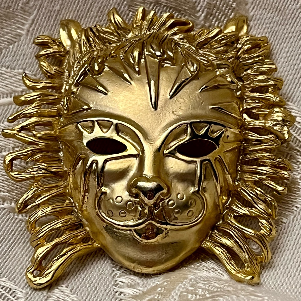 Lion Masquerade Mask Brooch Brushed Gold Tone Statement Pin 2.25